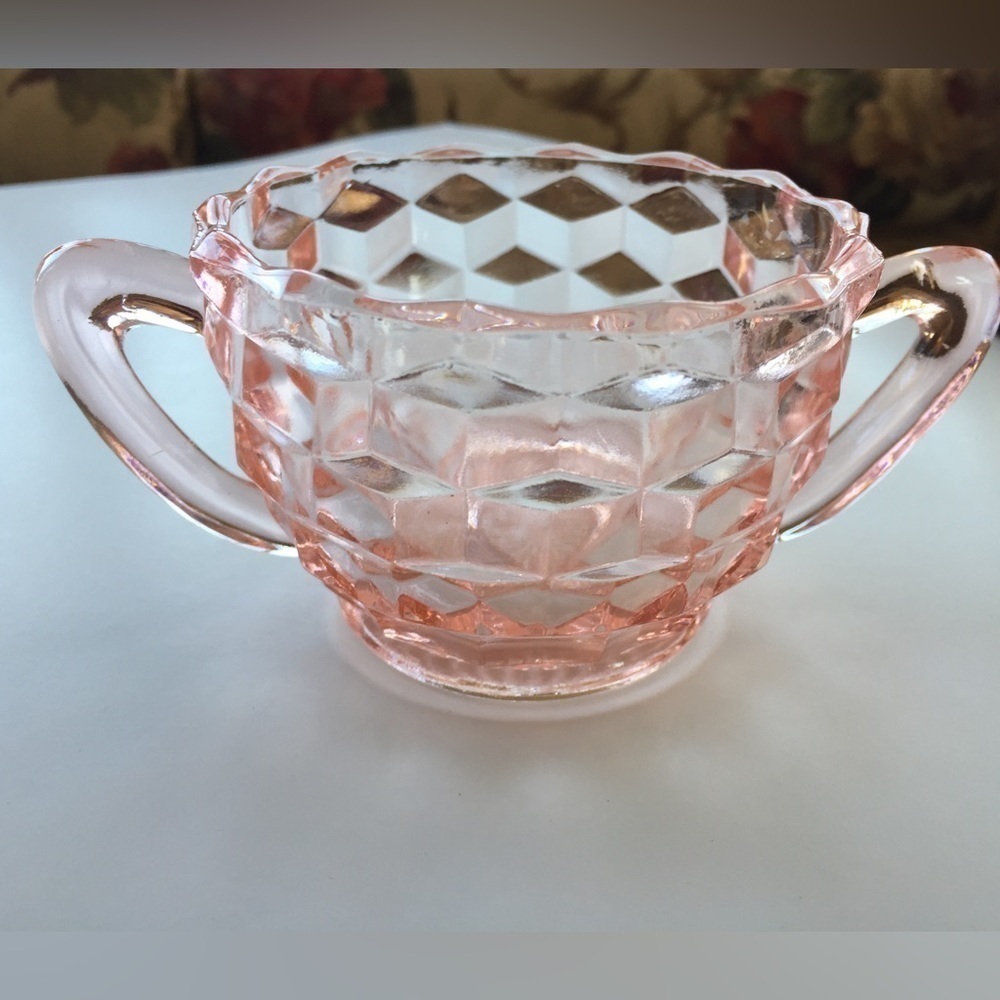 Vtg. Pink Depression Glass Cube Open Sugar | Art Deco Style